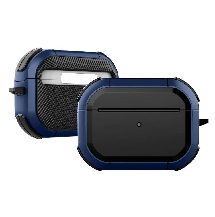 Black TPU and PC protective shell on an AirPods Pro charging case.