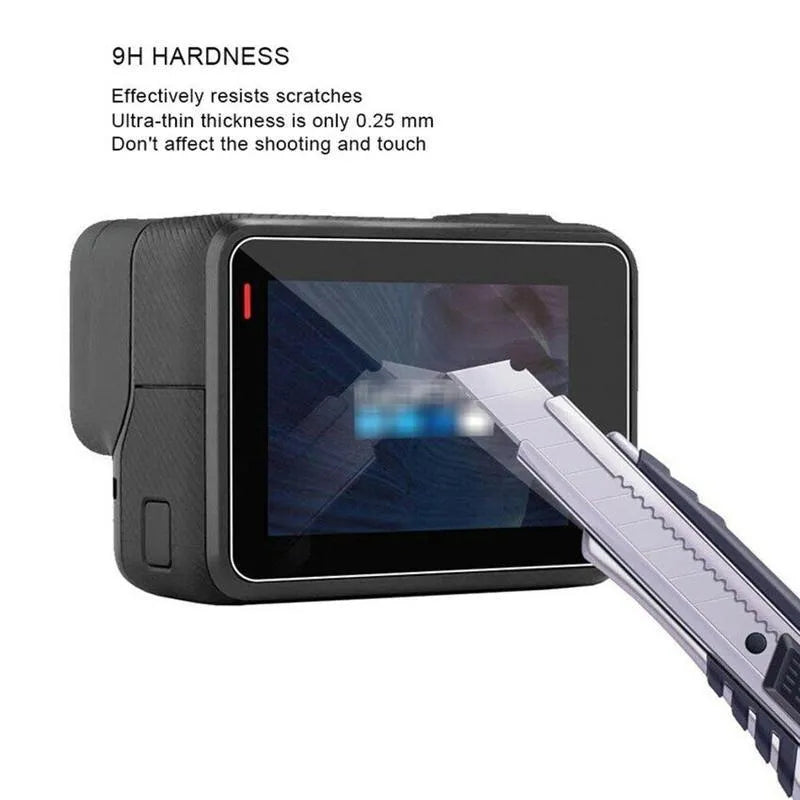 Transparent 9H tempered glass screen and lens protector film for GoPro Hero 5, 6, 7 cameras