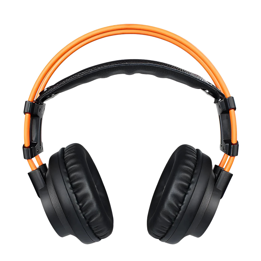 K9 wired gaming headset with headband, 3.5mm plug, and noise cancelling microphone in black and orange