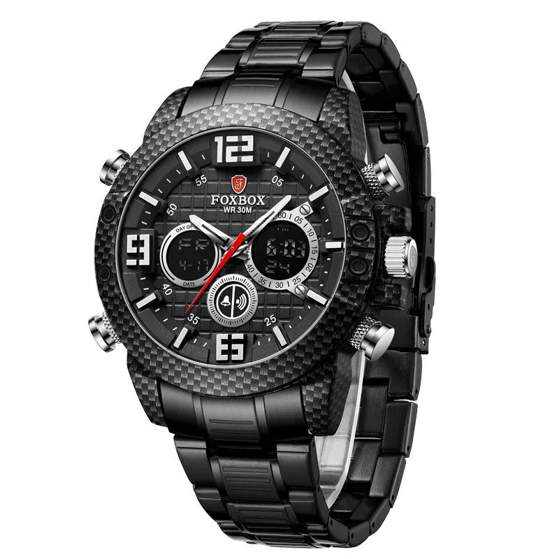 Dual display electronic watch with pointer and number, luminous dial, 44mm alloy case, black option