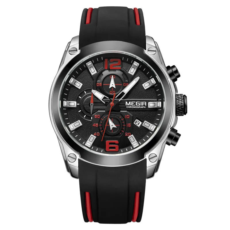 Multifunctional sports watch with black silicone strap, 46mm dial, and mineral glass face