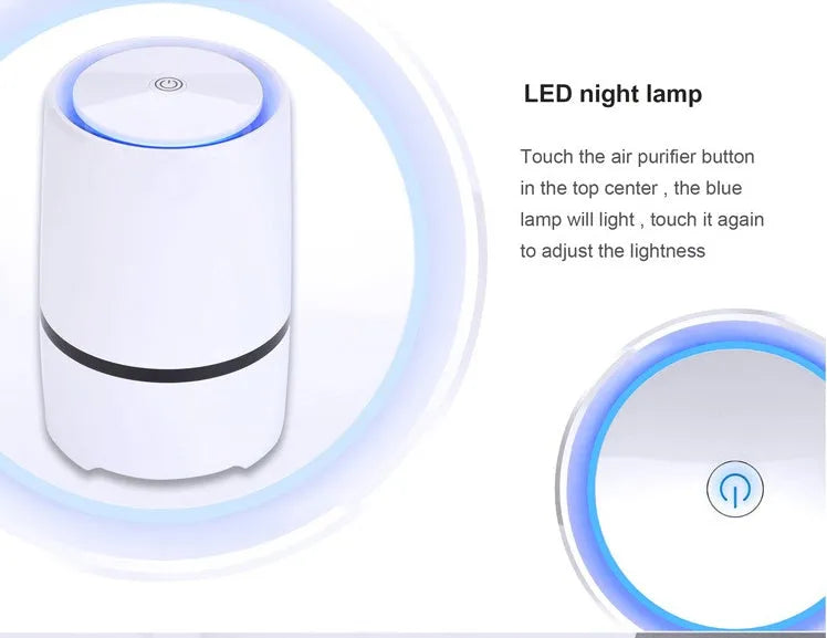 White USB desktop air freshener with anion generator, 125mm diameter, 194mm height, on desk with USB cable
