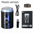 Black portable rechargeable shaver with USB cable, cleaning brush, and protective cover