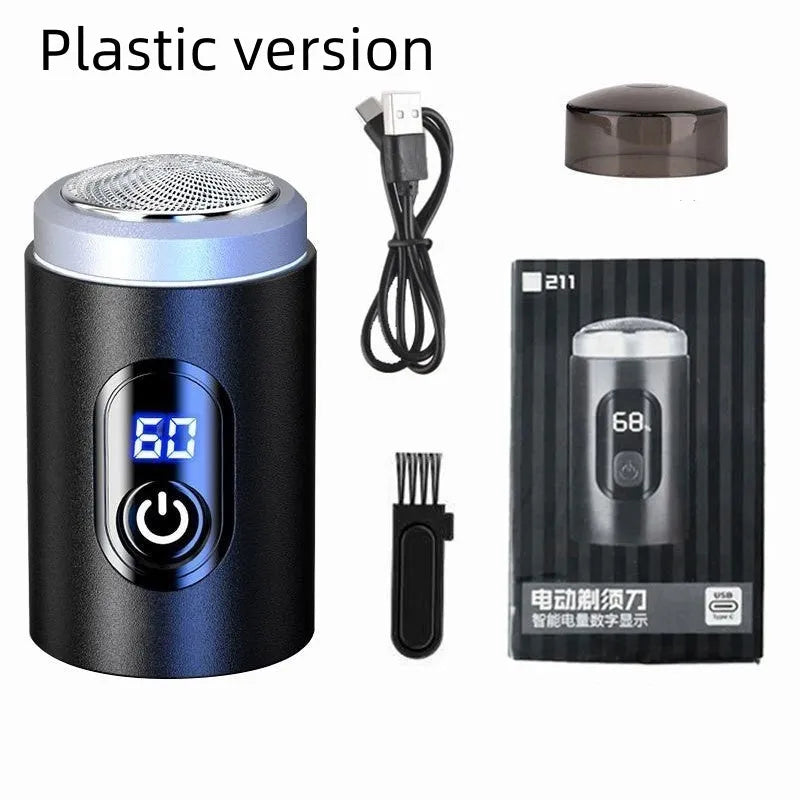 Black portable rechargeable shaver with USB cable, cleaning brush, and protective cover