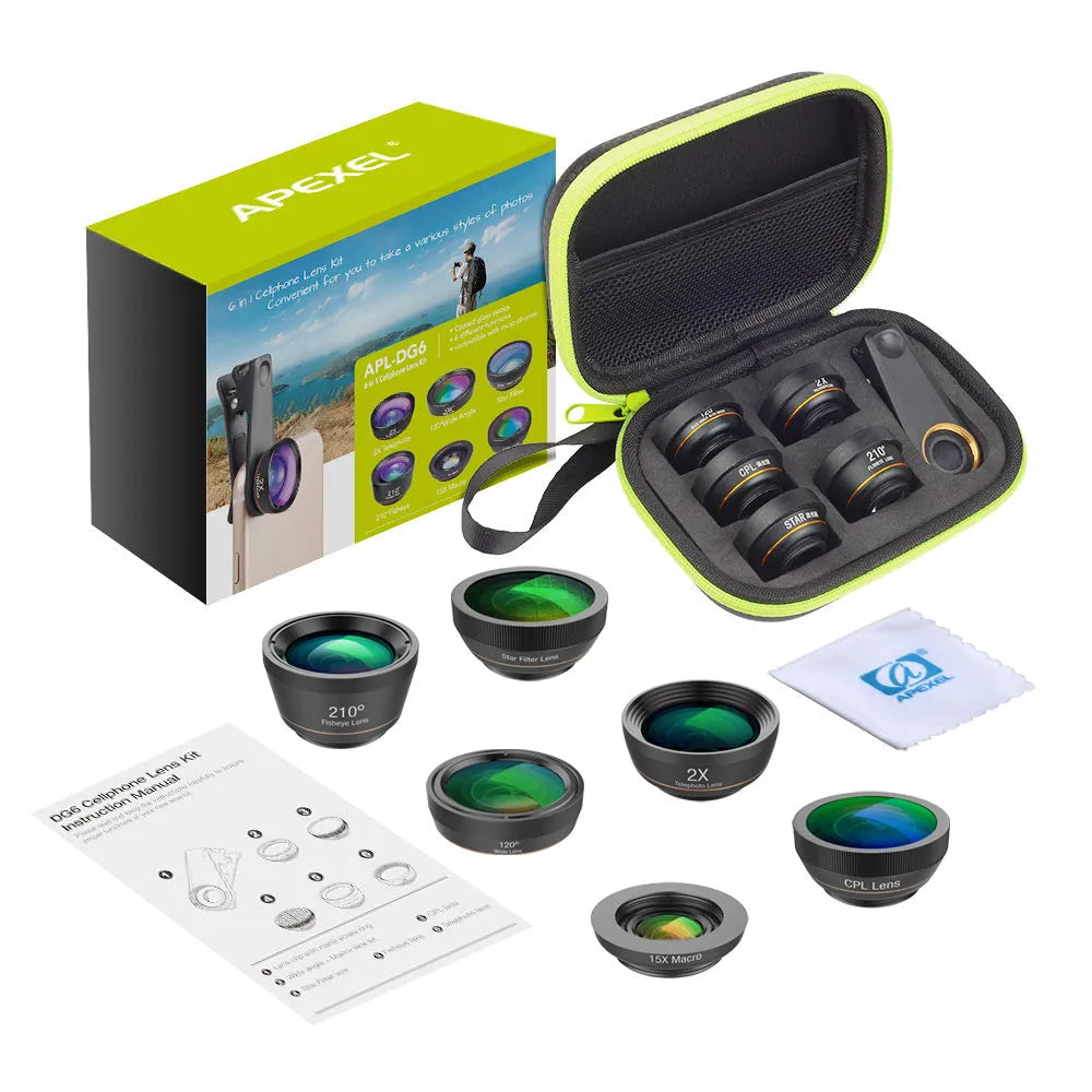 6 in 1 mobile phone lens kit showing fisheye, wide angle, macro, telephoto, CPL and star filter lenses with universal clip