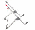 Grey aluminium alloy and plastic mobile phone and laptop stand on a wooden desk.
