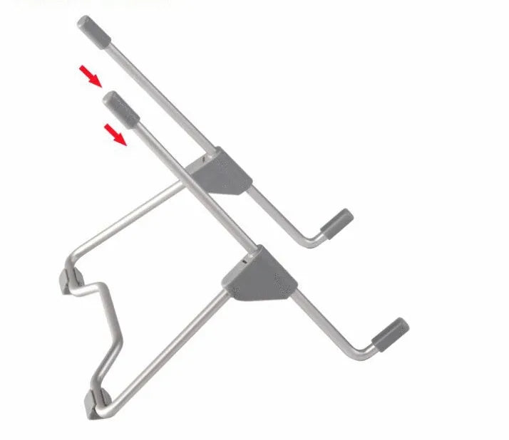 Grey aluminium alloy and plastic mobile phone and laptop stand on a wooden desk.