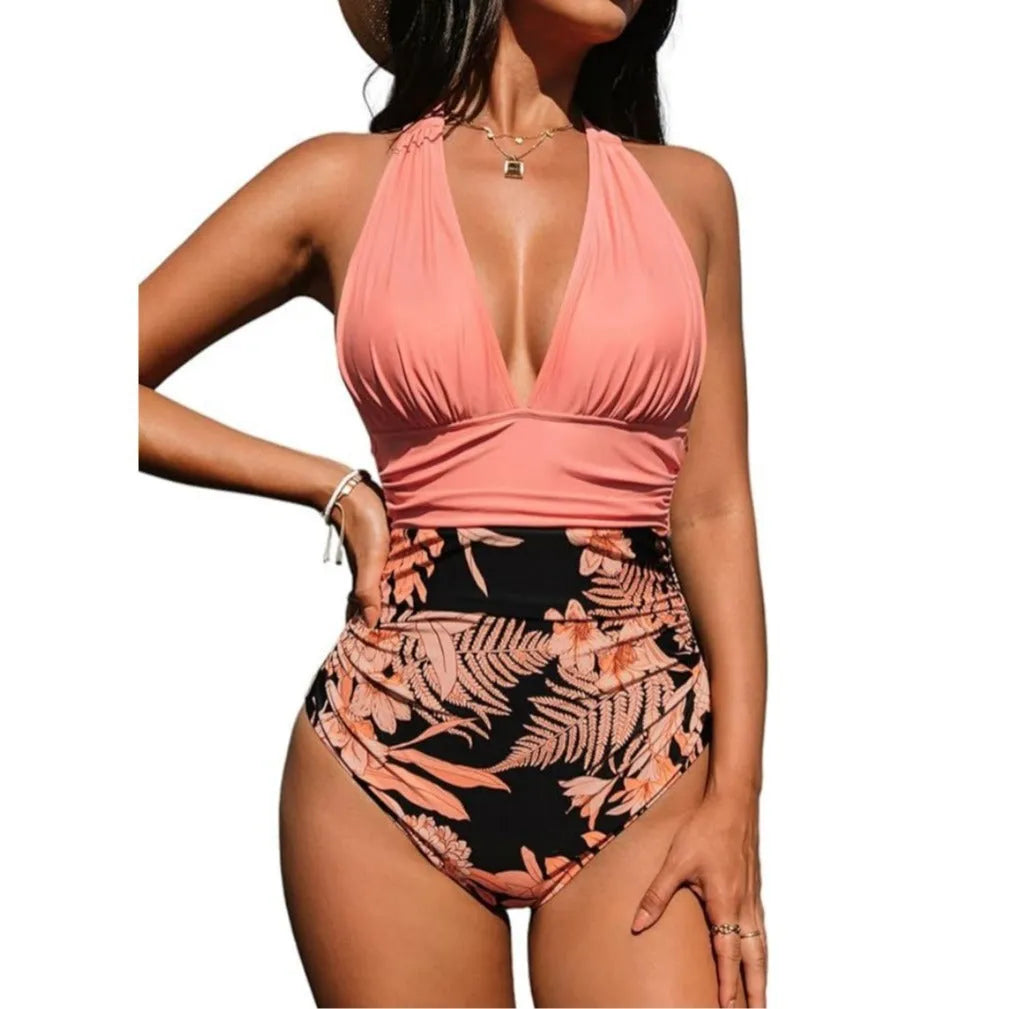 Women's halter neck one-piece swimsuit in polyester with floral print
