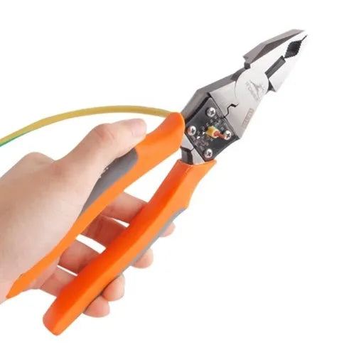 Orange-handled 9-inch multi-function wire cutter pliers with alloy steel clamp head.