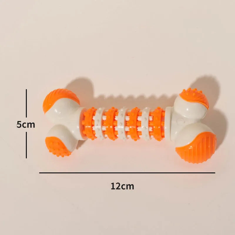 Blue bone-shaped interactive dog chew toy with hollow treat compartment for small breed dogs.