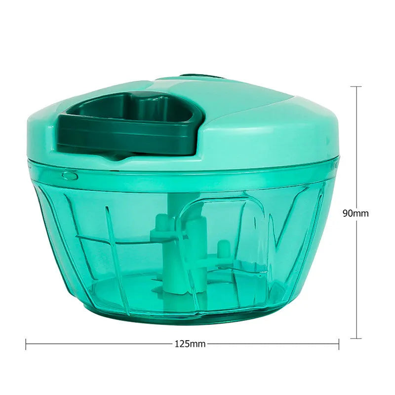 Green manual kitchen chopper with three blades, measuring approximately 13cm long