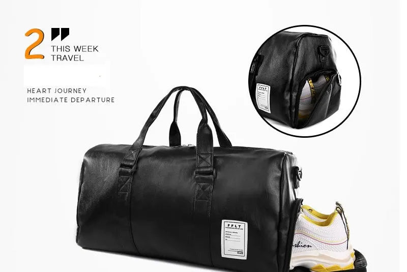 Black waterproof sports bag with separate side shoe compartments shown in large and small sizes.