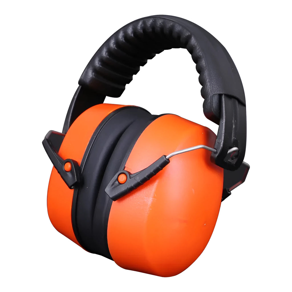 Orange noise-reducing headphones and protective earmuffs with adjustable headband