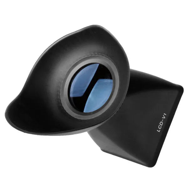 Black camera LCD viewfinder magnifier with magnetic mount attached to a DSLR screen.