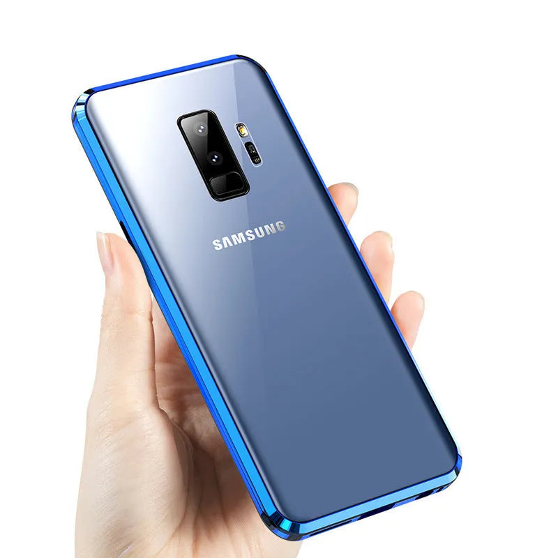 Samsung anti-peeping magnetic phone case in clamshell design with privacy screen and double-sided glass protection