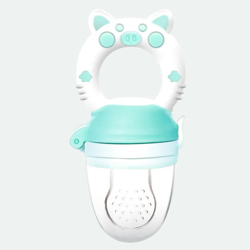 Silicone baby teether chew toy in blue, green, and pink colours showing textured surfaces