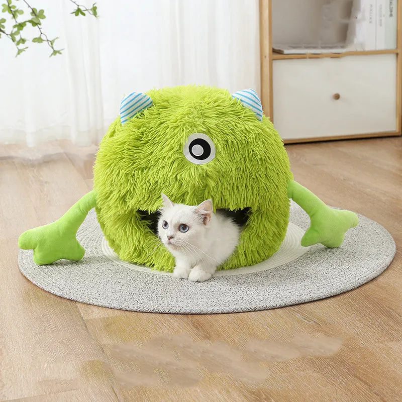 Fluffy round cat bed with non-slip base shown in three size options