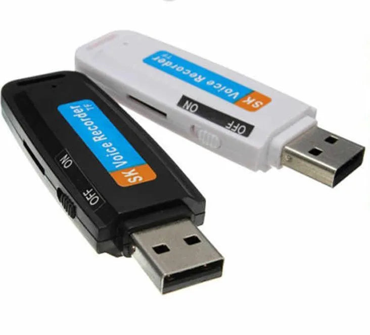 SK-001 black and white USB flash drive with voice recording function showing front and side views