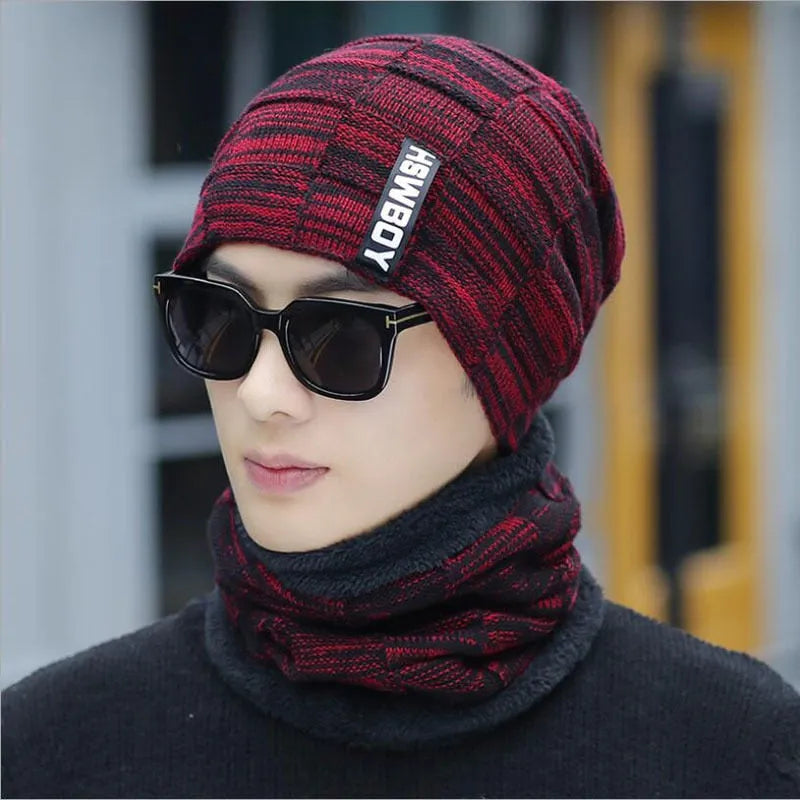Cotton knitted men hats set with curling detail and letter pattern in black, grey, khaki, navy, and red