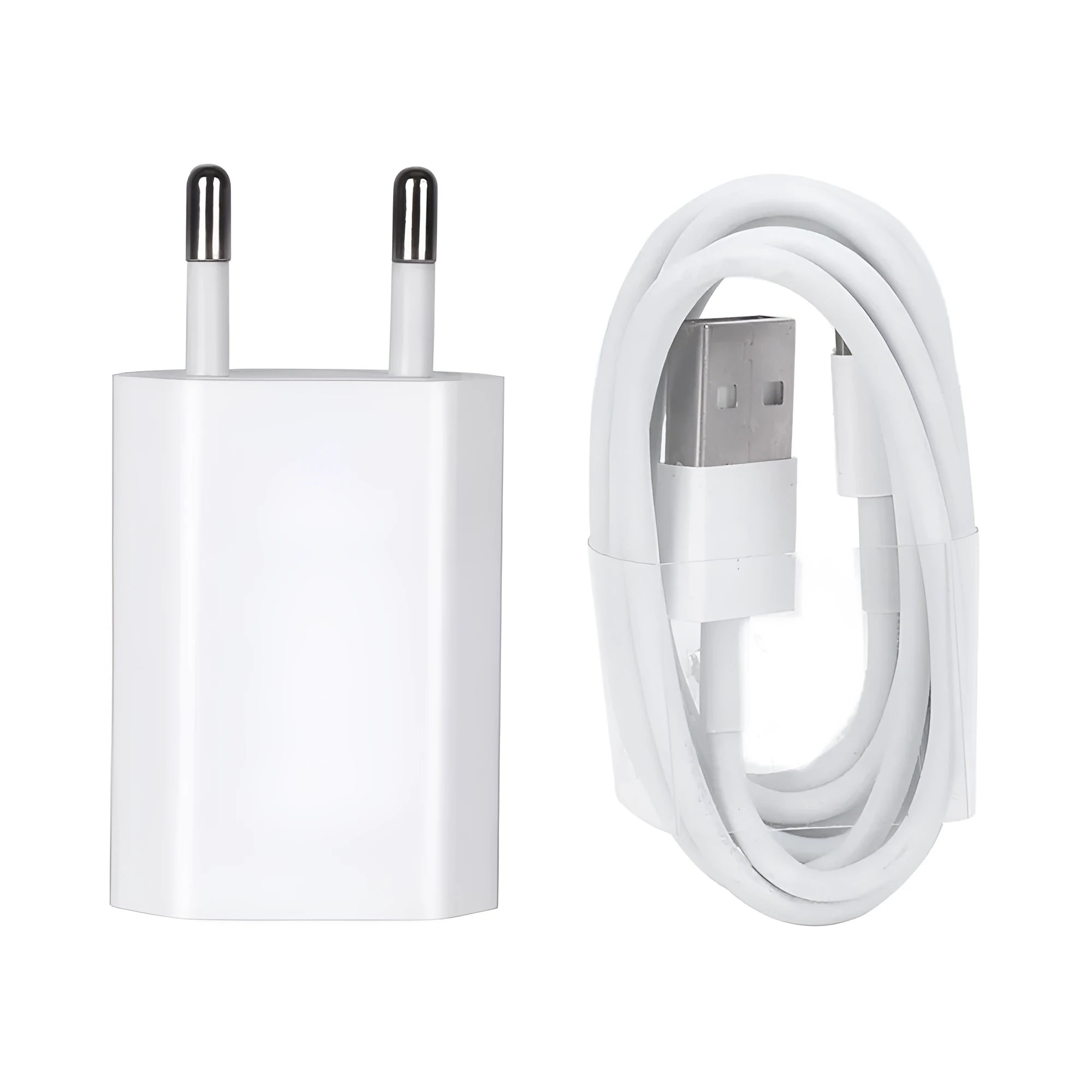 White USB travel charger and cable for charging iPhone and iPad models