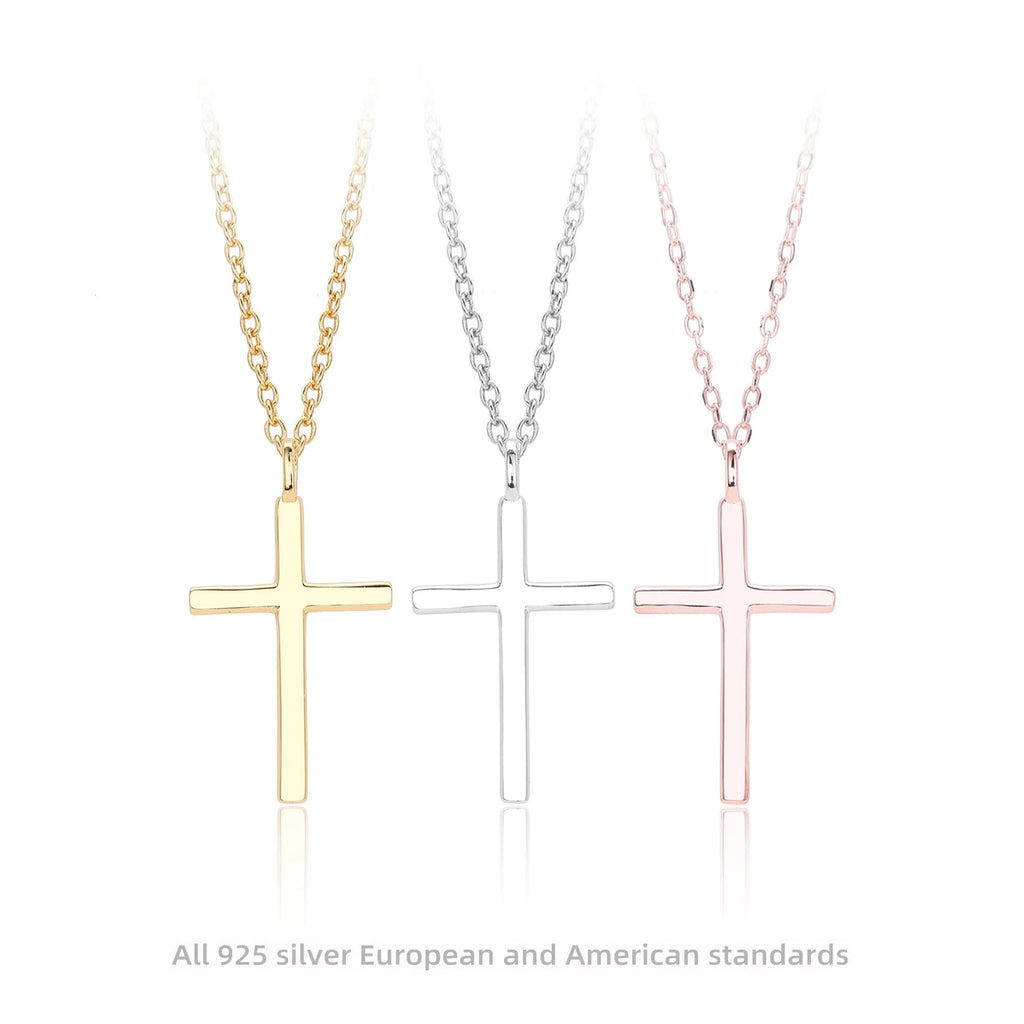 S925 sterling silver necklace with simple cross pendant on O-chain in gold, platinum, or rose gold plating