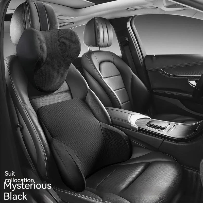 Memory foam car lumbar support pillow and matching headrest cover in knitted fabric