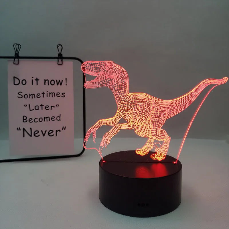 Colourful cartoon dinosaur LED desk lamp with remote control and acrylic lampshade on a black base