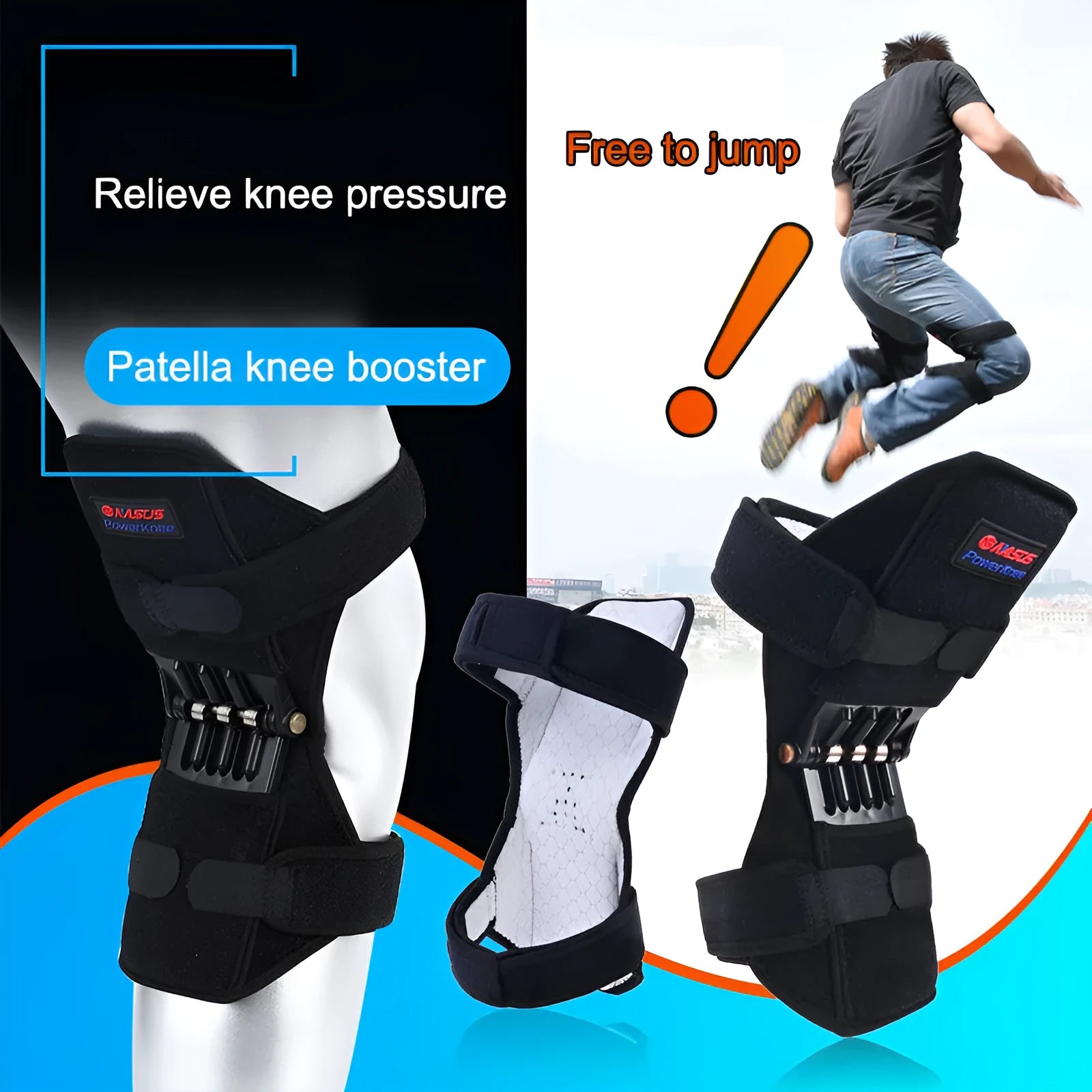 Knee brace with spring mechanism in adjustable design for mountaineering and sports activities