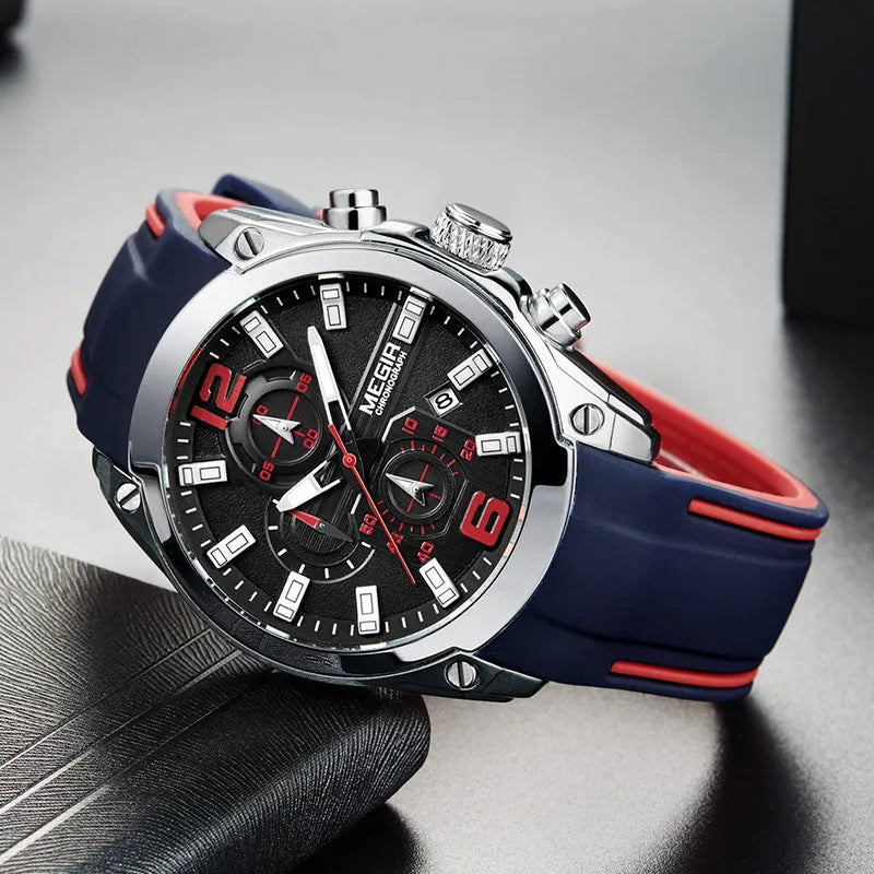 Multifunctional sports watch with black silicone strap, 46mm dial, and mineral glass face