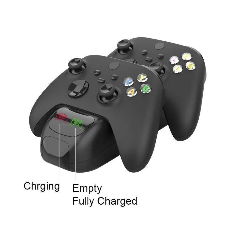 Black Xbox Series X dual controller charging dock with two battery packs and a Type-C cable.