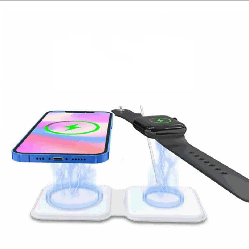 White folding dual magnetic wireless charging dock in stand mode with phone attached