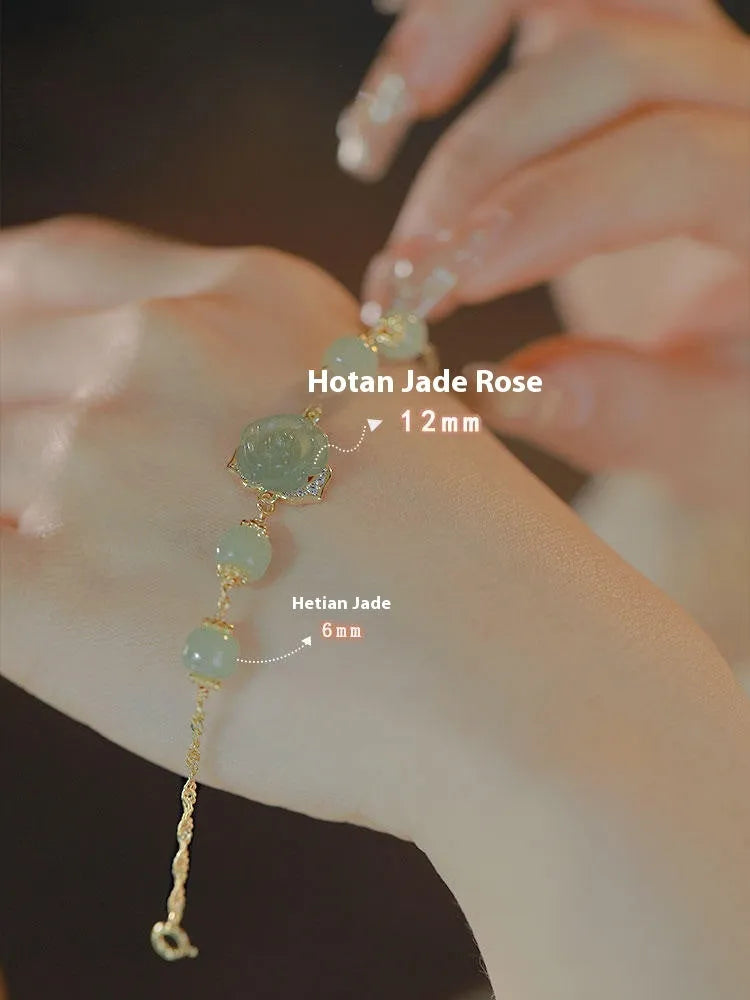 Hetian jade rose colour women's bracelet with 14K gilded accents and floral design