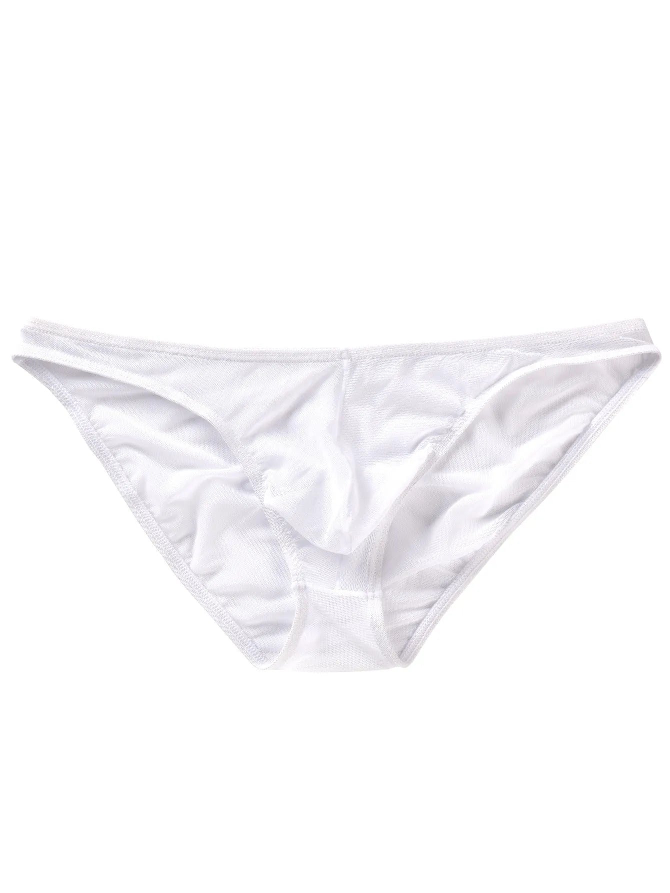 Men's black low-waist nylon briefs laid flat, showing triangle brief style and knitted fabric.
