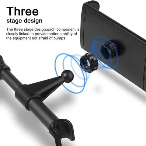 Black universal car phone and iPad holder mounted on a car seat headrest.