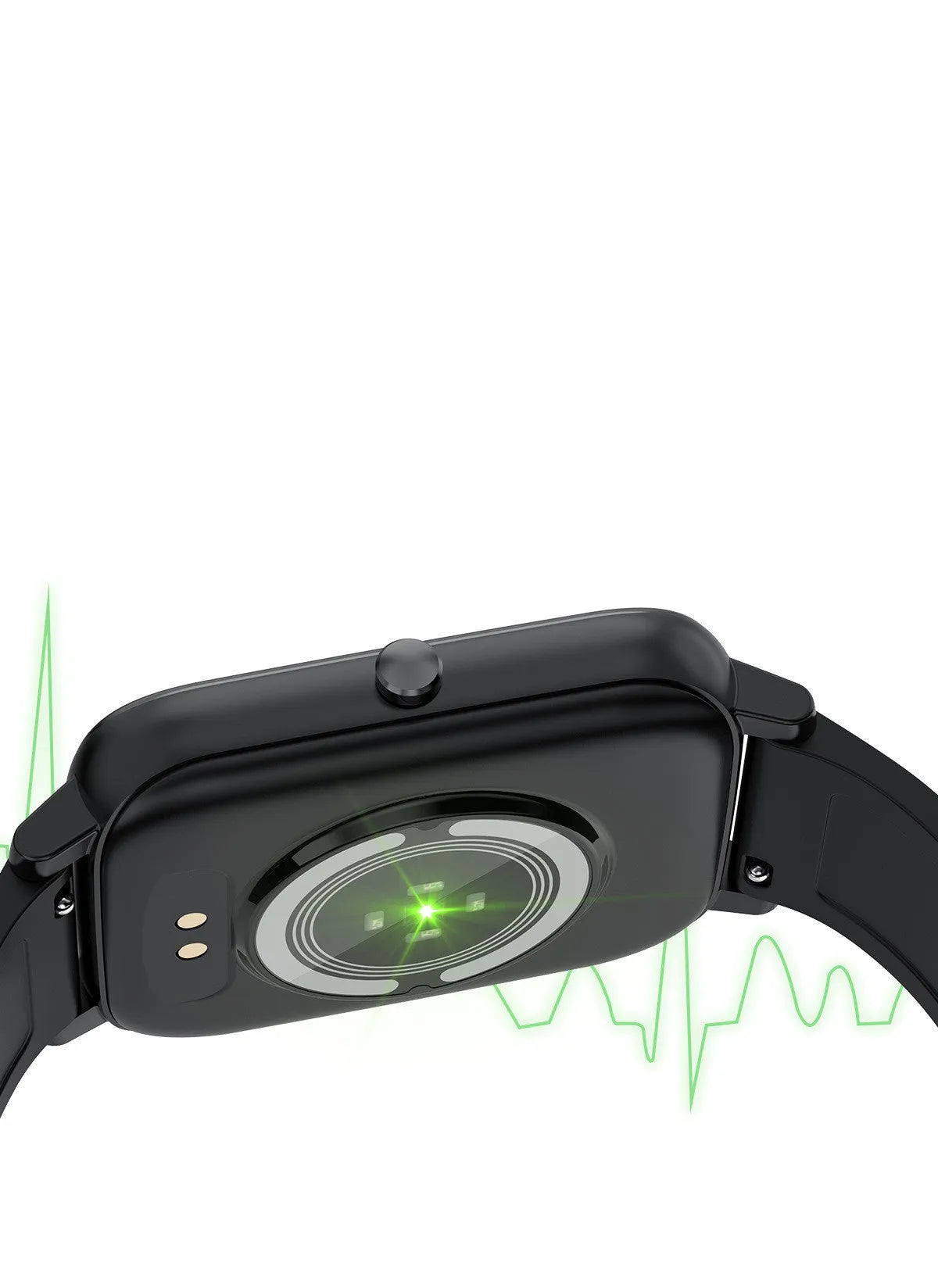 H80 smart watch with black silicone strap showing ECG and blood oxygen readings on its round screen.