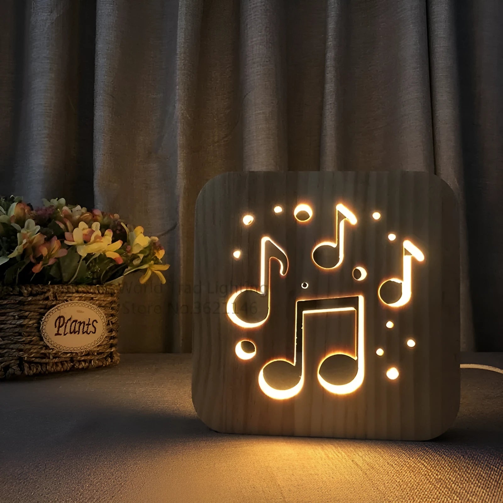 Square pine wood LED atmosphere lamp with warm white 3D illumination showing USB cable connection