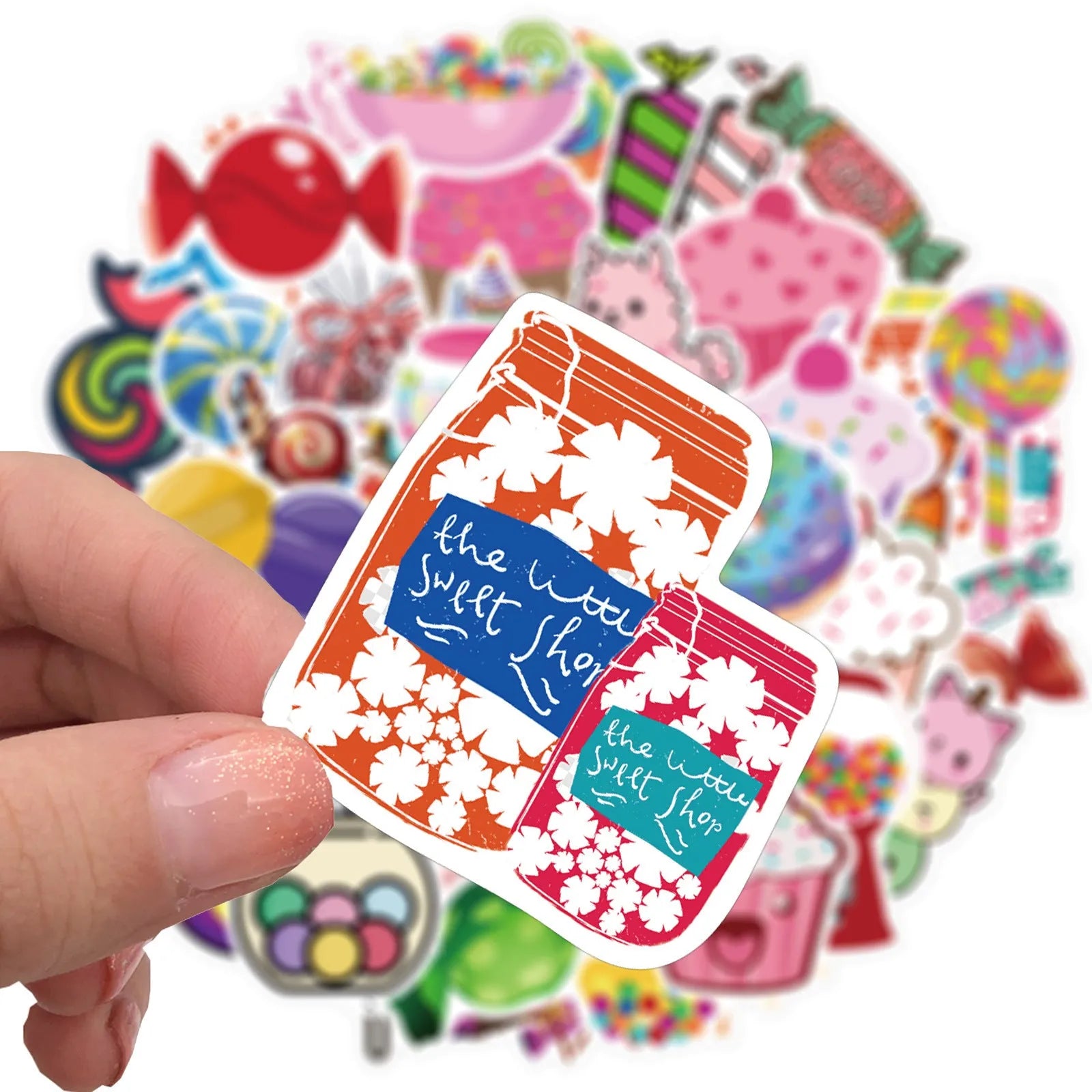 Fifty colourful candy graffiti adhesive stickers with cartoon and cute patterns measuring 4-6cm