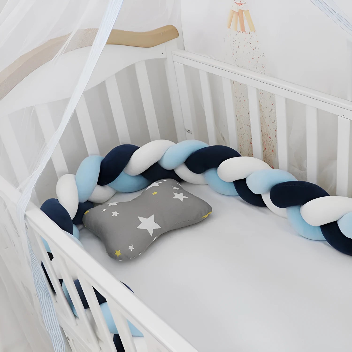 Multi-colour baby crib bumper made of spandex velvet, shown bent around a crib edge.