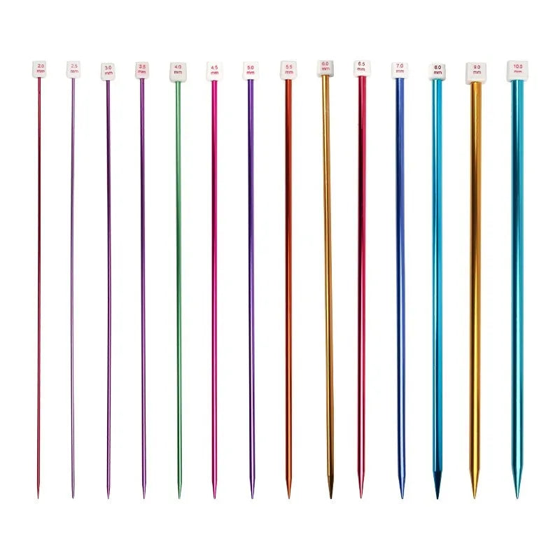 Complete set of lengthened crochet hooks in 14 sizes from 2.0mm to 10.0mm, each with a protective end cap.