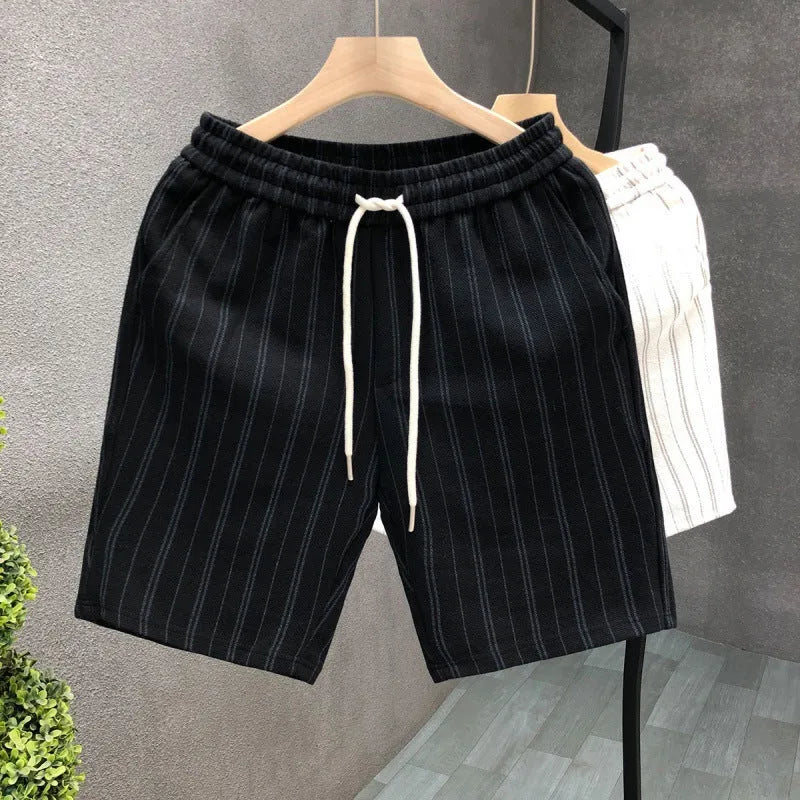 Men's black and white striped fleece-lined casual shorts with double-layer waistband