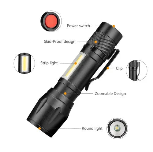 Black aluminium alloy telescopic LED flashlight with adjustable zoom focus and pocket clip