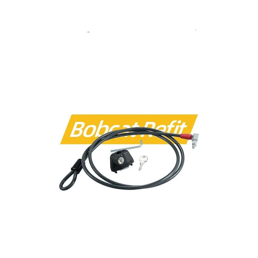 Plastic-sheathed steel cable lock for roof platforms shown securing a kayak.