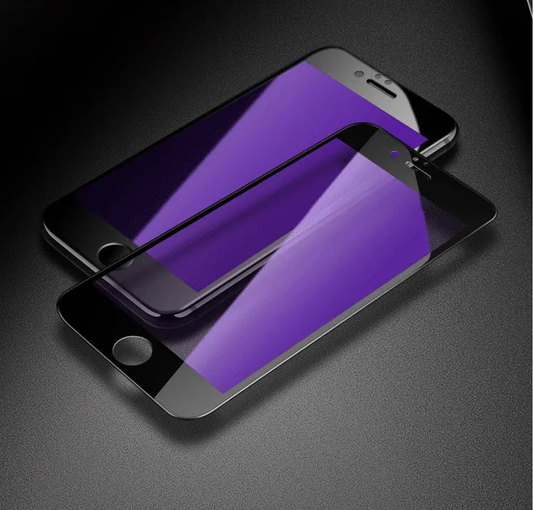 iPhone tempered glass screen protector with black soft edge shown on a phone