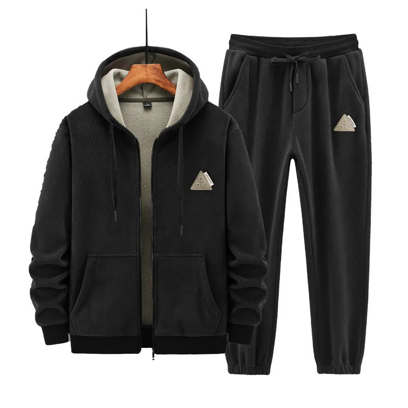 Men's grey cashmere-blend hooded sports sweater and matching trousers laid flat.