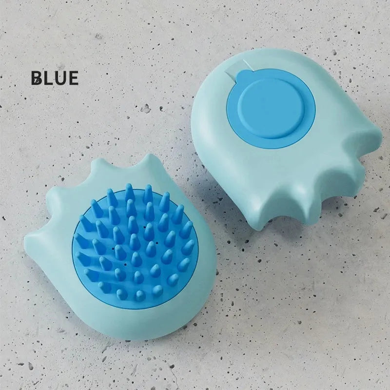Pet bath brush with shampoo compartment and four brush attachments in blue orange yellow options