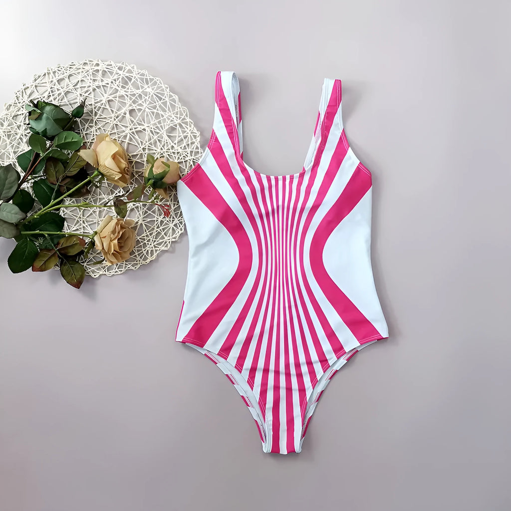 Women's pink striped one-piece swimsuit with digital front and back printing