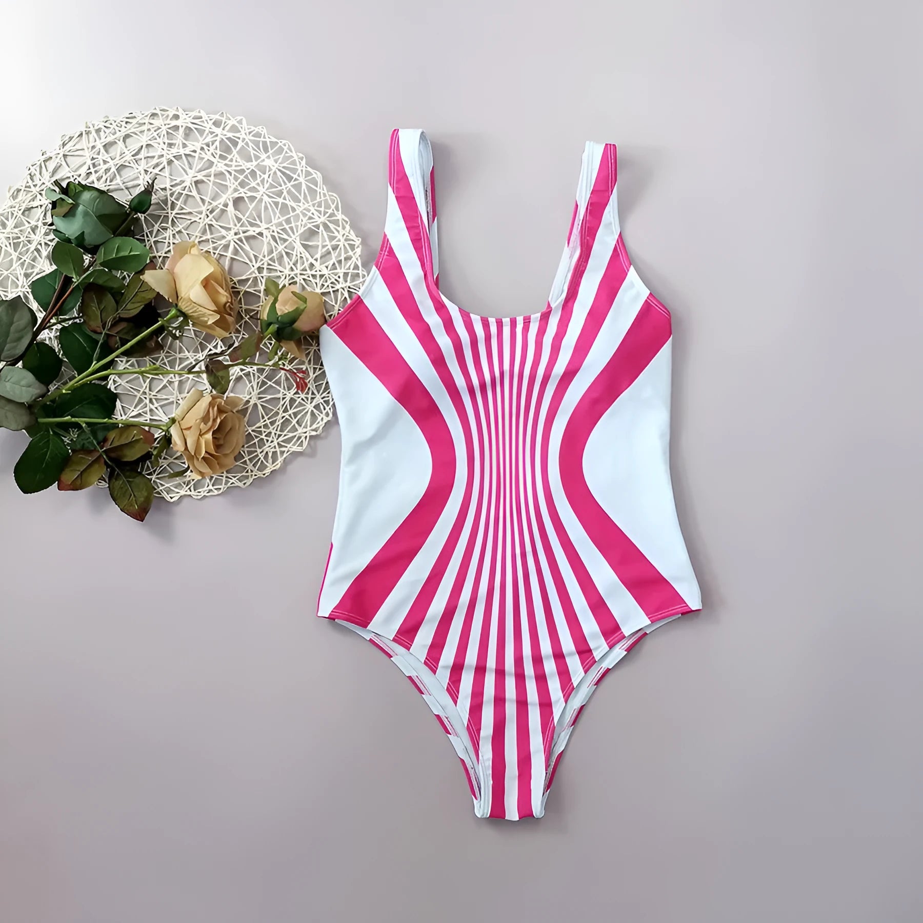 Women's pink striped one-piece swimsuit with digital front and back printing