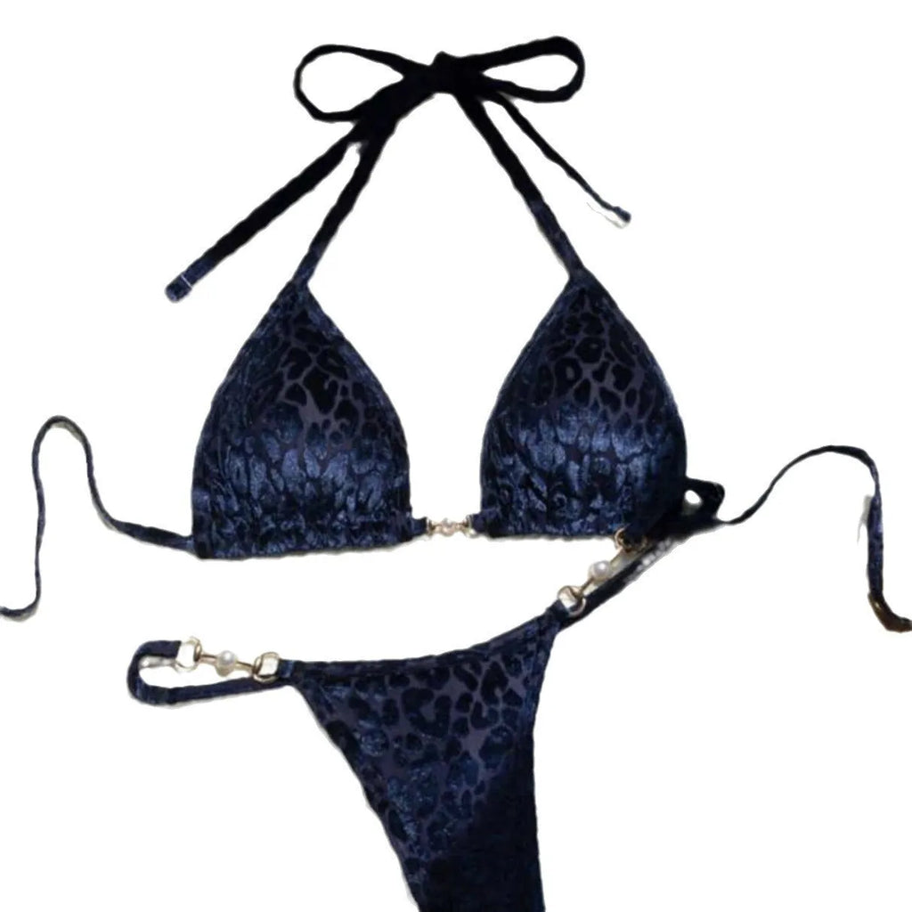 Blue leopard print T-shaped women's bikini swimsuit set on a mannequin.