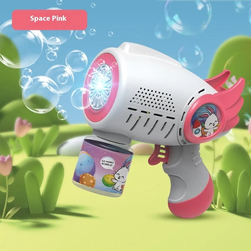 Electric bubble maker toy with luminous bubble blowing gun in pink and blue colour options