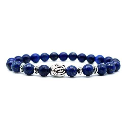 Handmade unisex bracelet with a 19mm Buddha head bead in amethyst, black agate, pink crystal, green gold, or tiger eye stone.